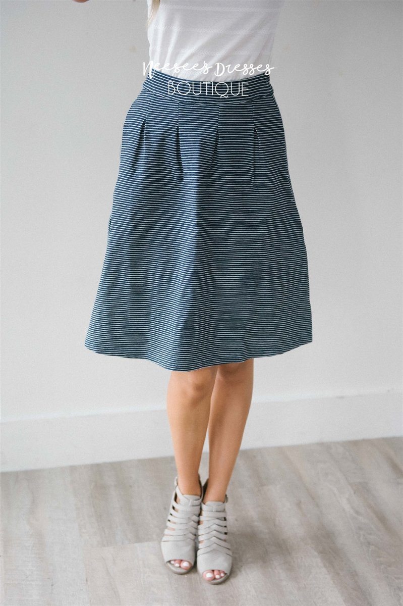 Navy Striped Aline Pocket Skirt Skirts vendor-unknown 
