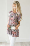 Dusty Lilac Floral Peplum Lace Sleeve Top Tops vendor-unknown