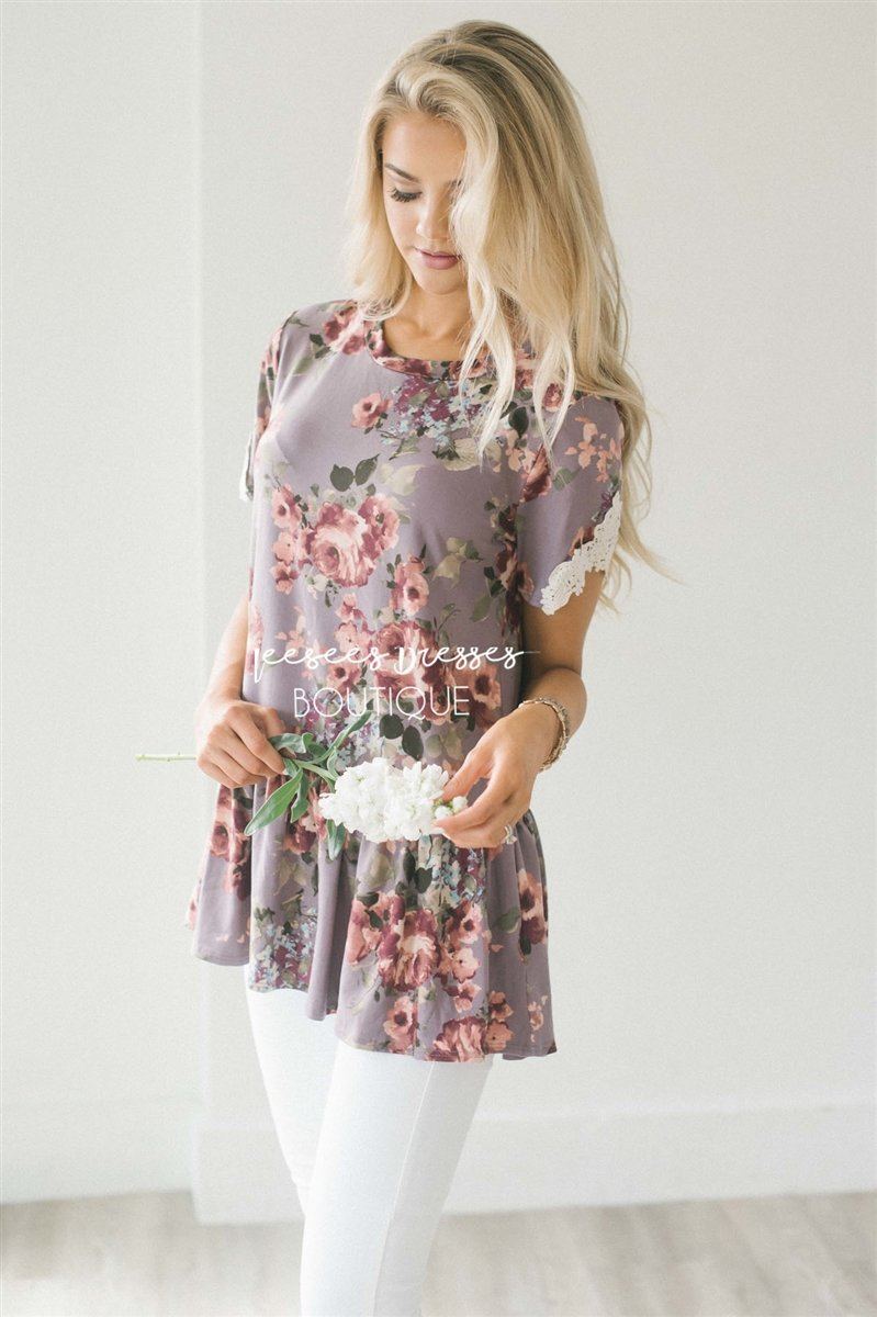 Dusty Lilac Floral Peplum Lace Sleeve Top Tops vendor-unknown S Dusty Lilac Floral 