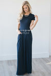 Short Sleeve Pleated Maxi Dress Modest Dresses vendor-unknown S Navy