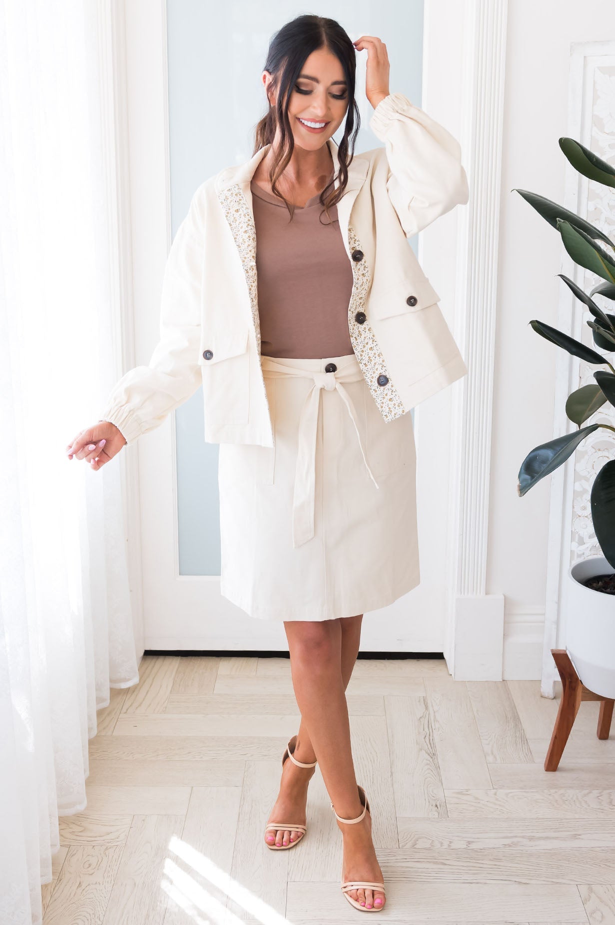 Business As Usual Modest Khaki Jacket Skirts vendor-unknown 