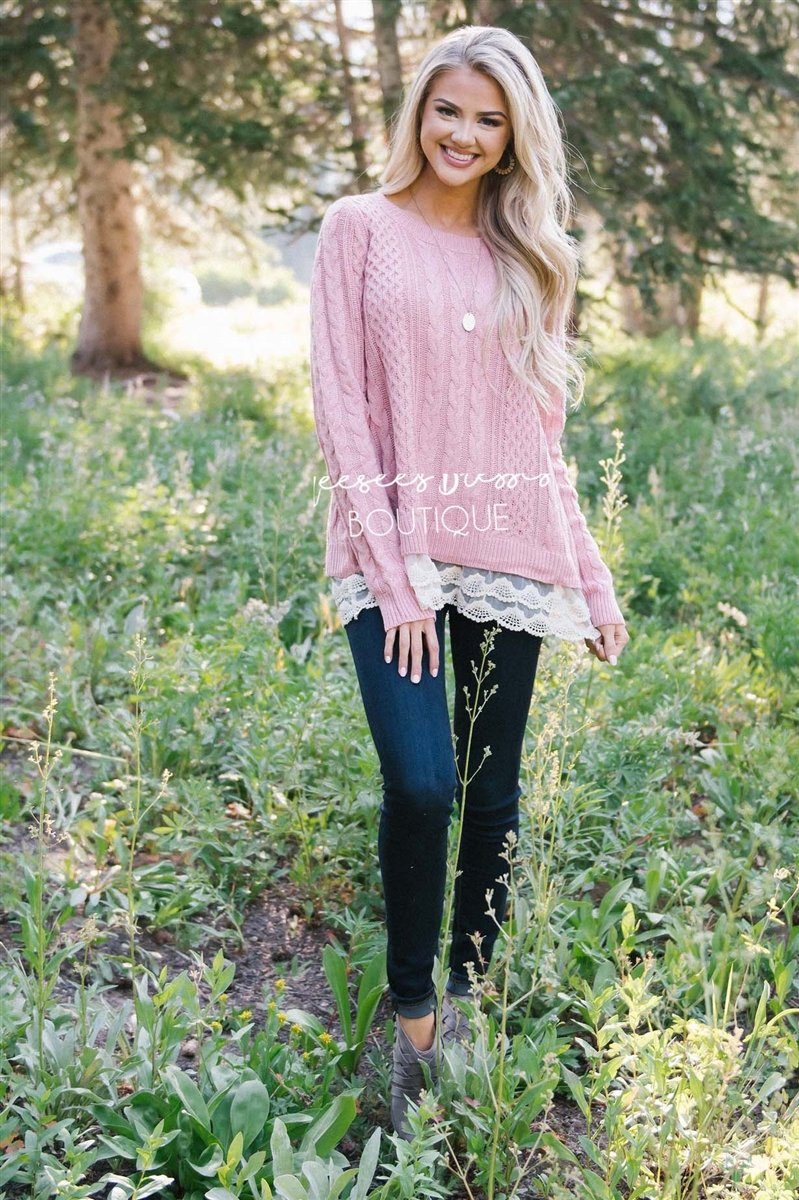 Scallop Lace Hem Cable Knit Sweater Tops vendor-unknown 