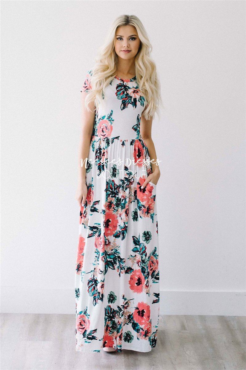 Ivory Watercolor Short Sleeve Maxi Dress Modest Dresses vendor-unknown S Ivory 