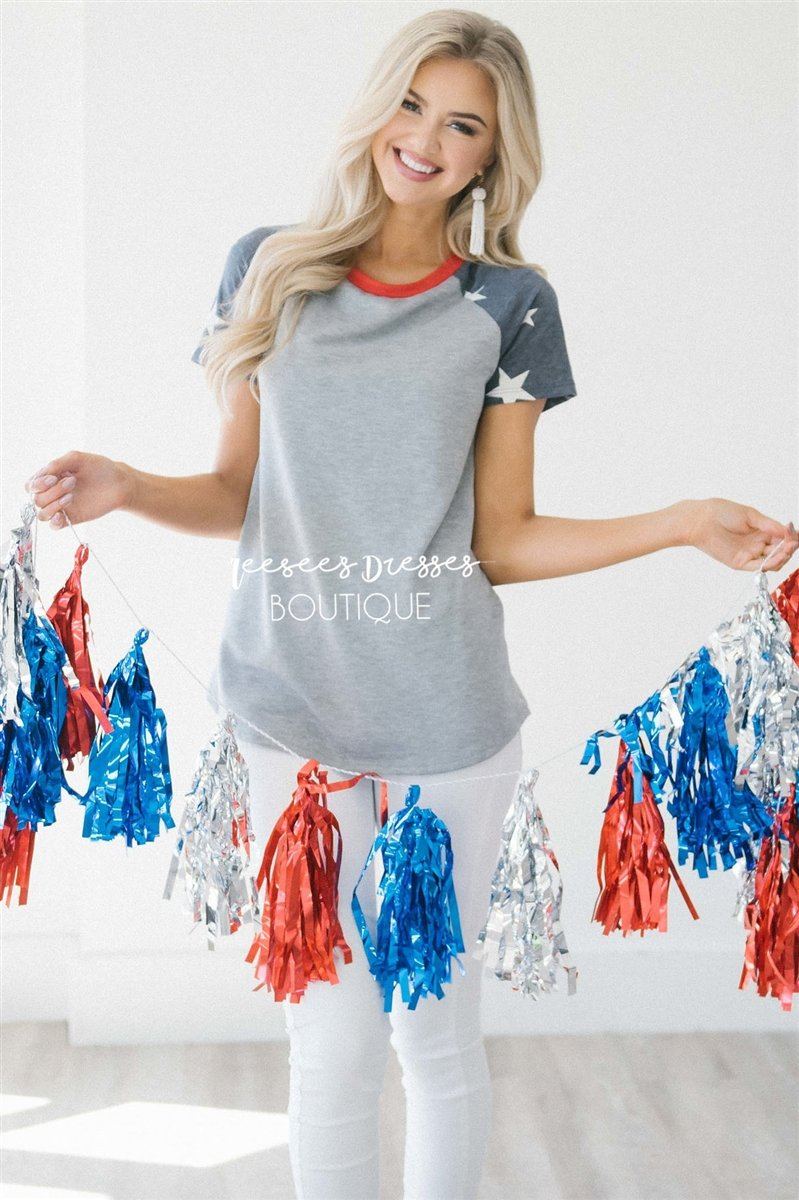 Short Sleeve Baseball Sleeve Top Red White & Blue vendor-unknown S Gray 