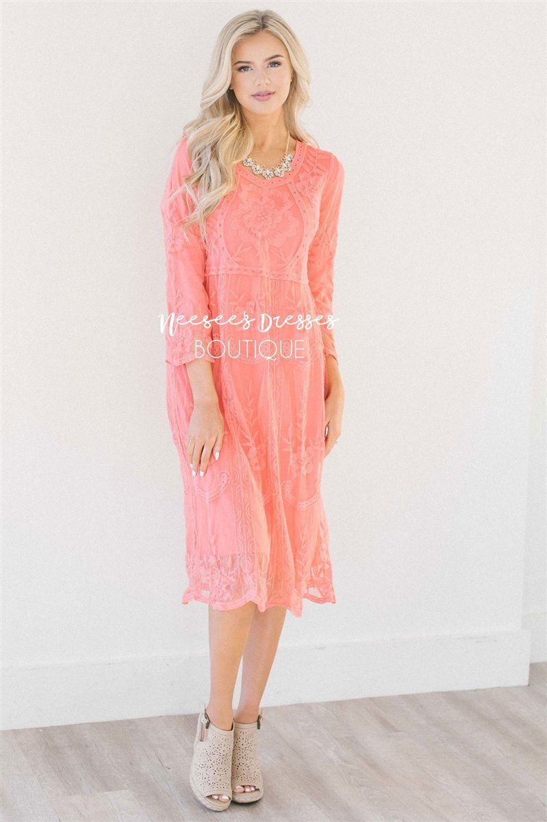 Day Dreamer Lace Dress in Coral Modest Dresses vendor-unknown Small/Medium Coral 
