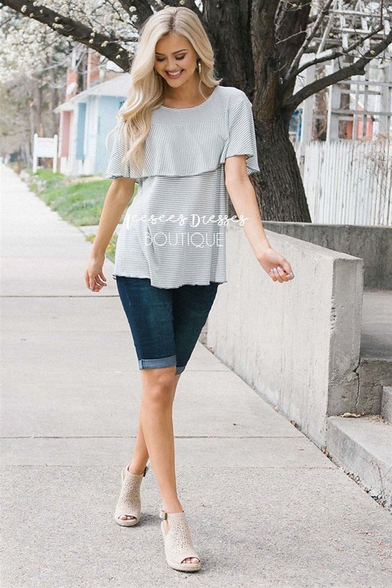 Striped Ruffle Layer Top Tops vendor-unknown 