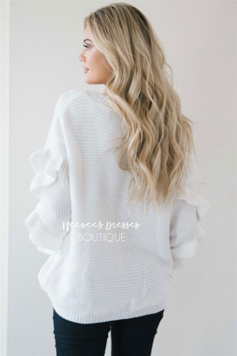 White Ruffle Sleeve Sweater Tops vendor-unknown 