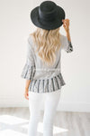Chambray Embroidered Bell Sleeve Peplum Top Tops vendor-unknown
