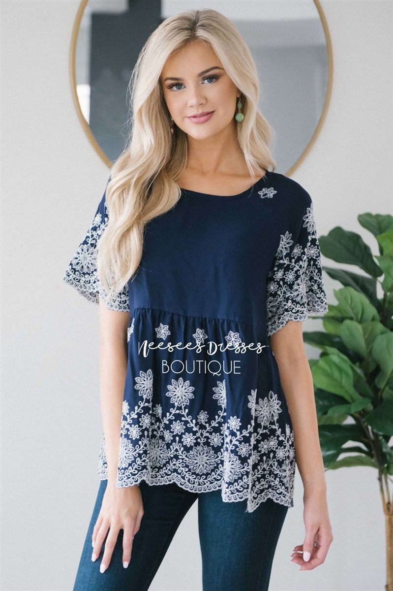 Embroidered Floral Detail Babydoll Top Tops vendor-unknown 