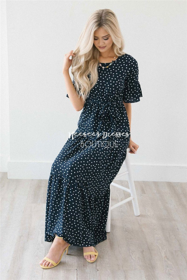 Navy Polka Dot Flutter Sleeve Tiered Maxi Dress | Best and Affordable ...