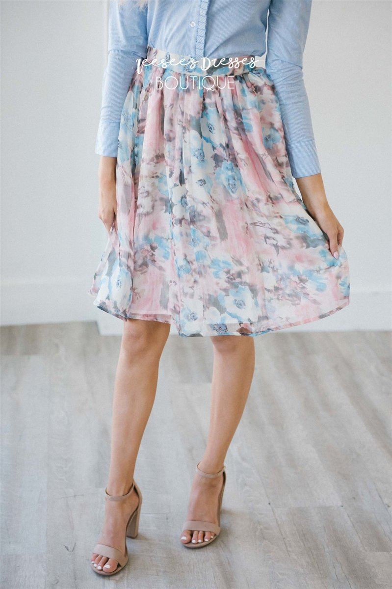 Pink & Dusty Blue Watercolor Floral Pocket Skirt Skirts vendor-unknown 