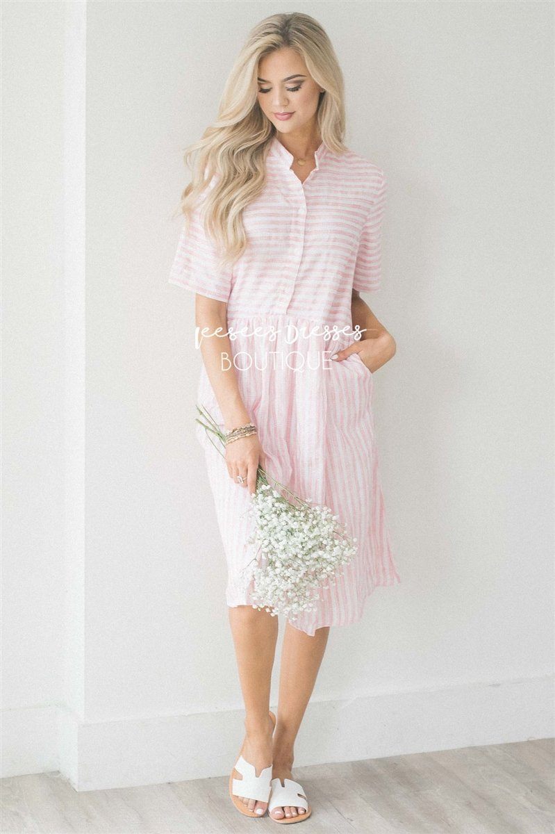 The Judy Modest Dresses vendor-unknown Light Pink & Ivory Stripes S 