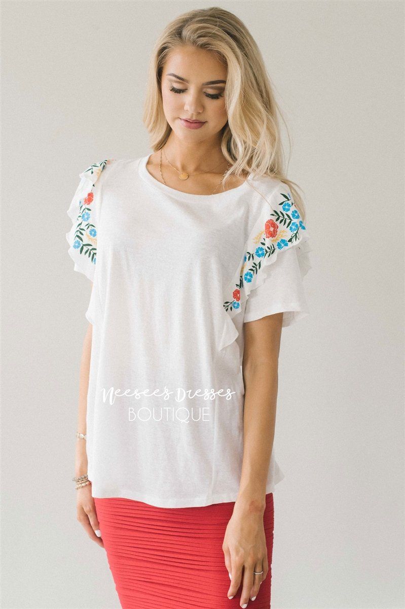 Cute Embroidered Ruffle Sleeve Top Tops vendor-unknown S White 