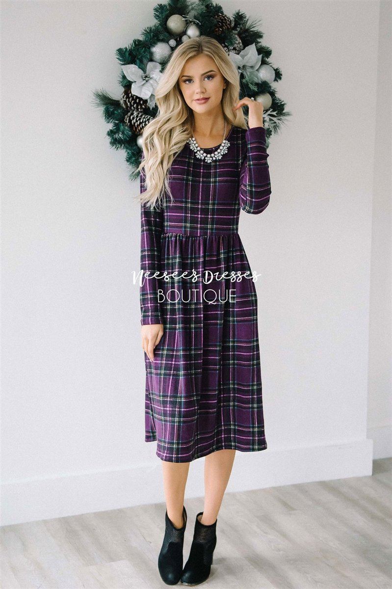 The Nellie Plaid Dress Modest Dresses vendor-unknown Eggplant S 