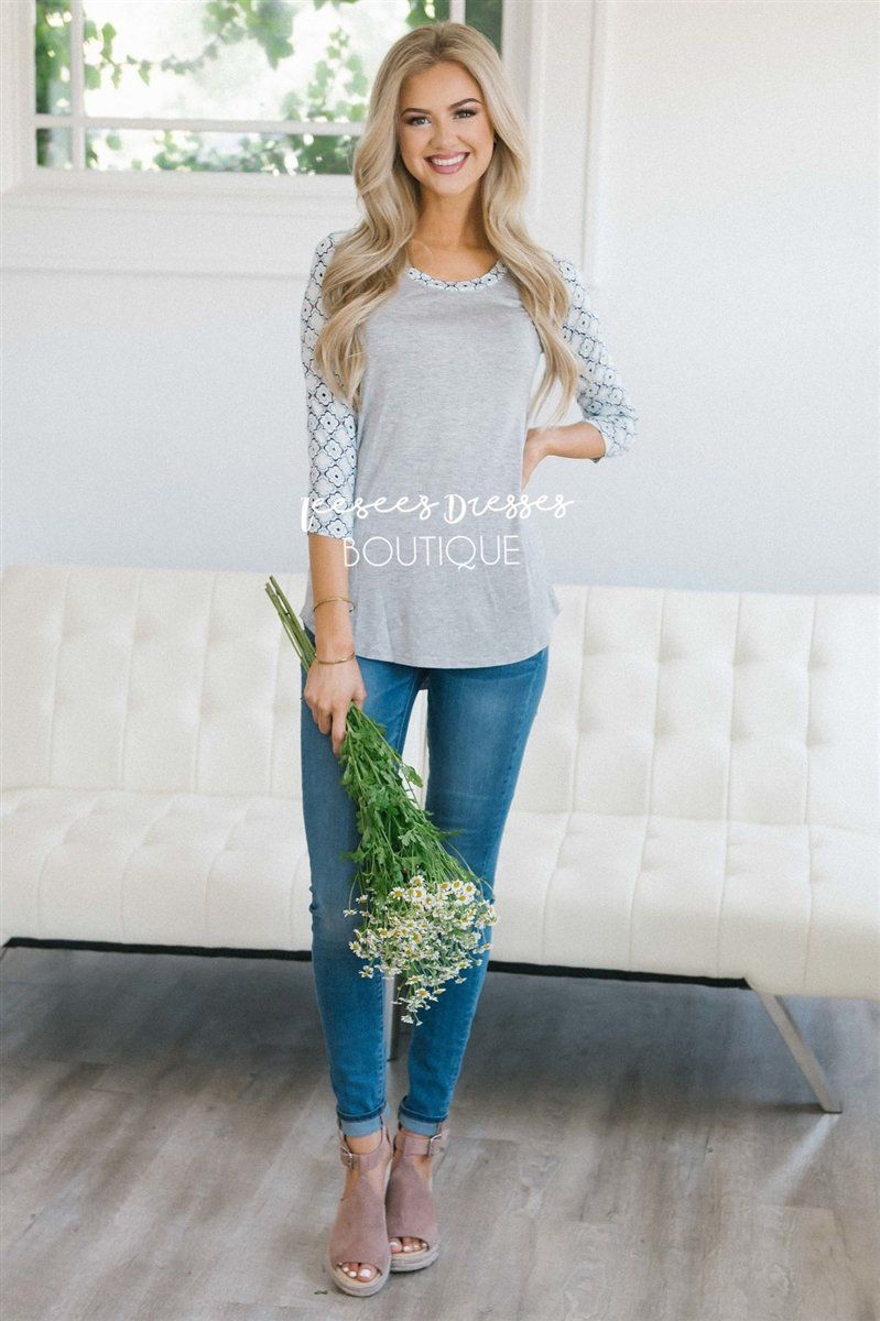 Ivory Tile Print Baseball Sleeve Top Tops vendor-unknown 