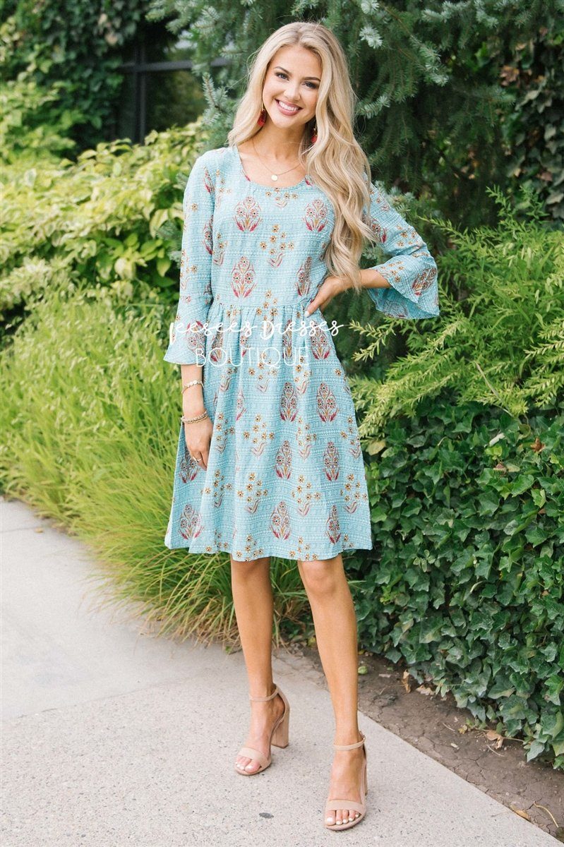 The Robin Modest Dresses vendor-unknown Dusty Teal with Amber and White Floral Print XS 