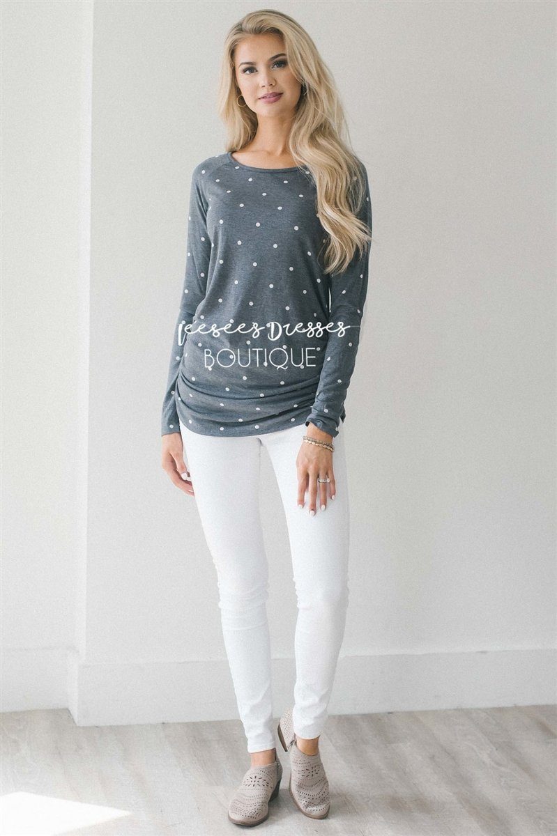 Elbow Patch Polka Dot Side Shirred Top Tops vendor-unknown 