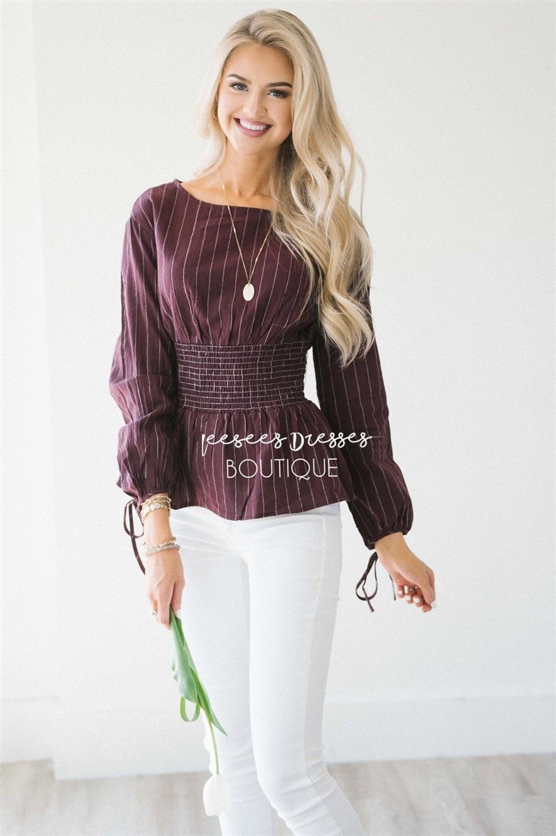Pinstripe Cinched Waist Tie Sleeve Top Tops vendor-unknown Wine & Ivory Stripes S 