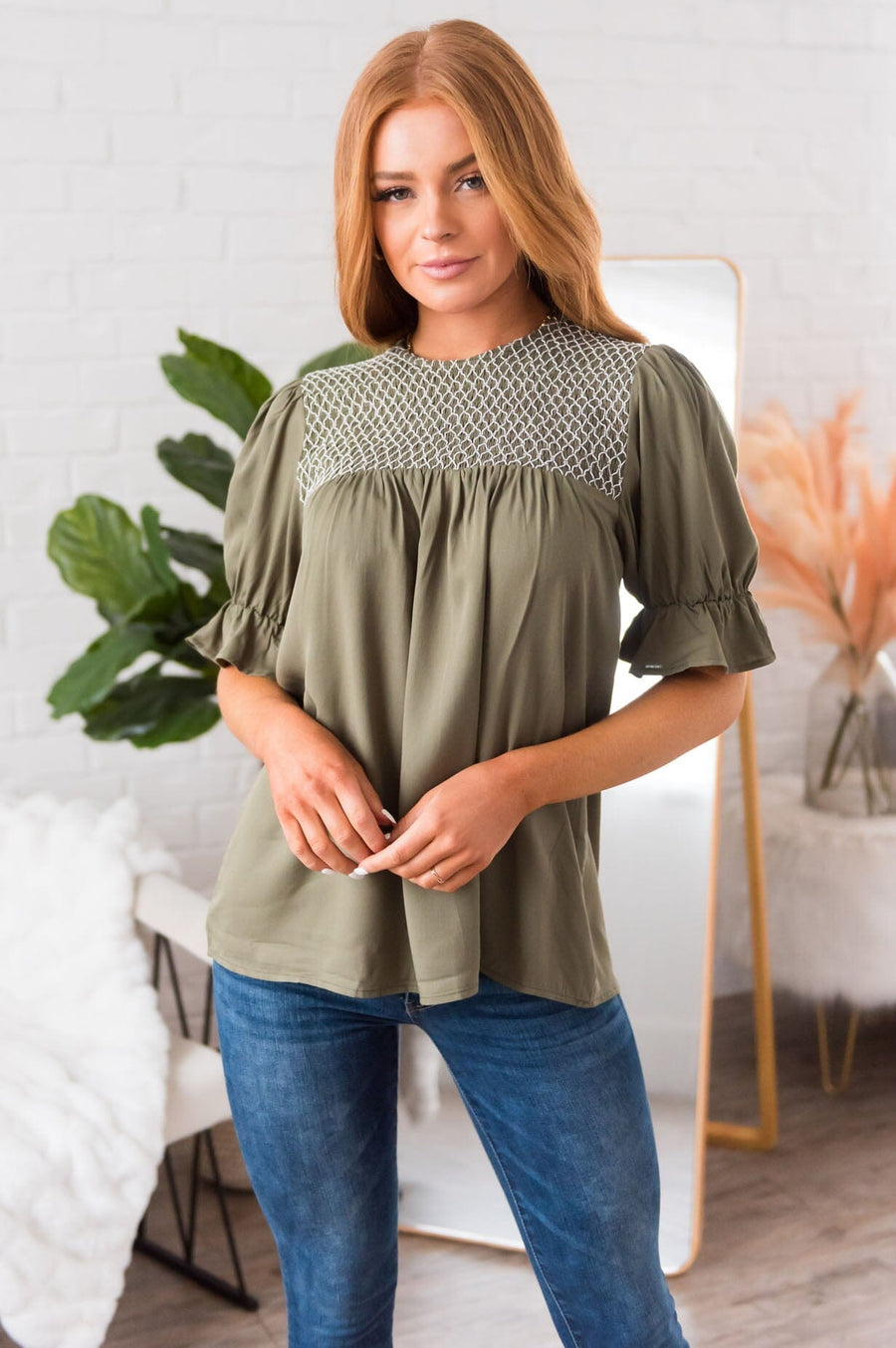 Drift Away Embroidered Modest Blouse Tops vendor-unknown 