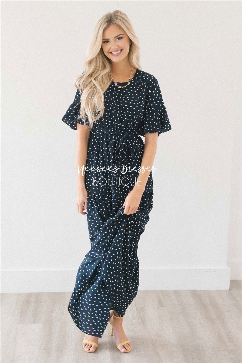Polka Dot Flutter Sleeve Tiered Maxi Dress Modest Dresses vendor-unknown 