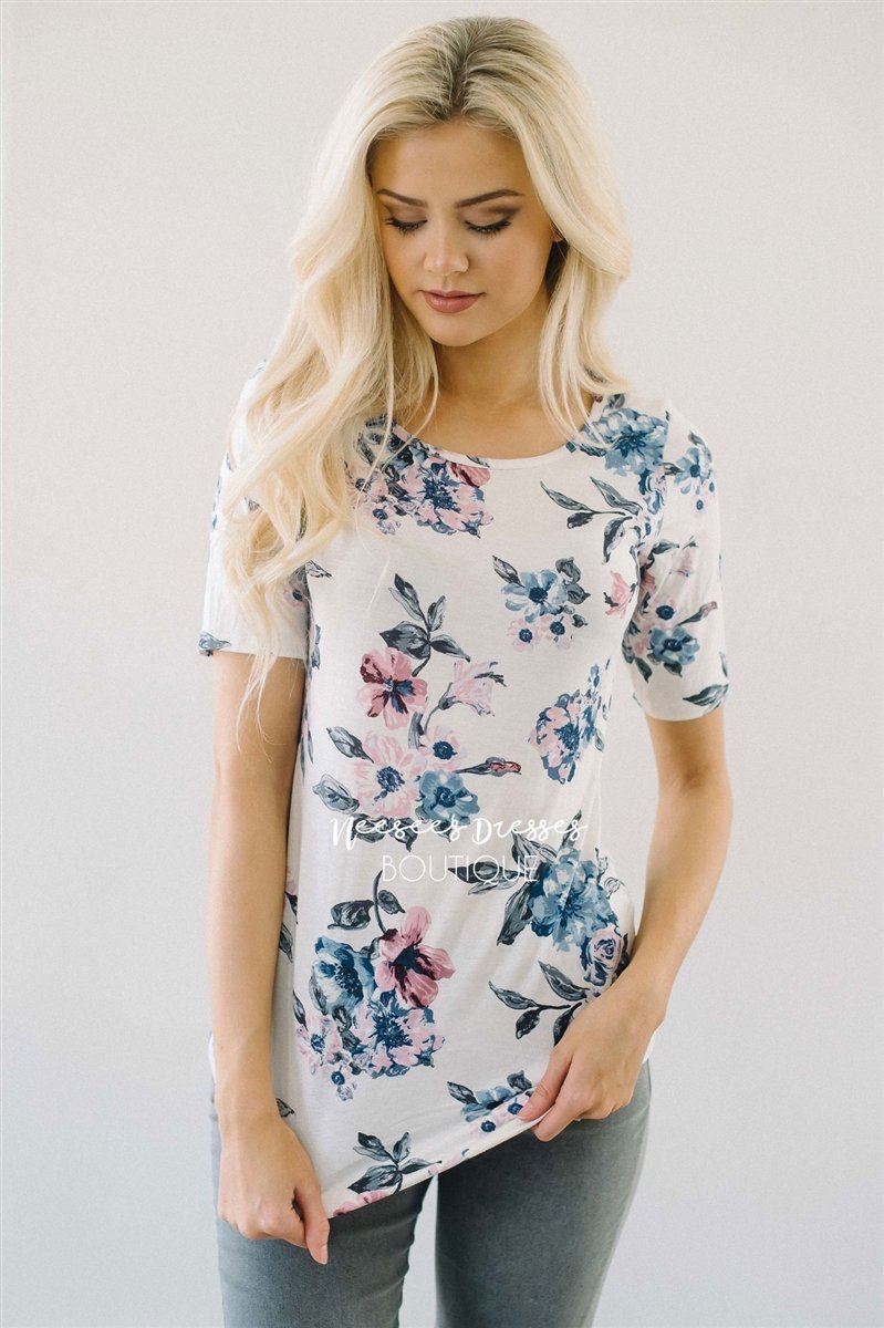 White Pink & Dusty Blue Floral Top Tops vendor-unknown 