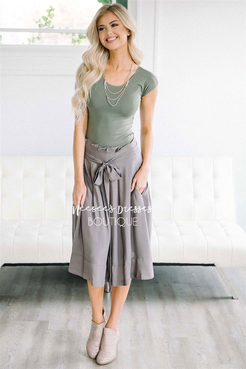 Muted Gray Tie Waist Full Skirt Skirts vendor-unknown S Muted Gray 
