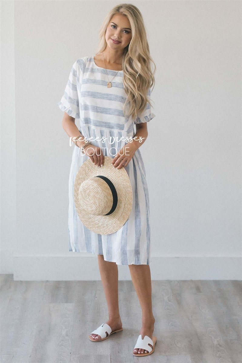 The Monika - Nursing Friendly Modest Dresses vendor-unknown S Faded Navy & Ivory Stripes 