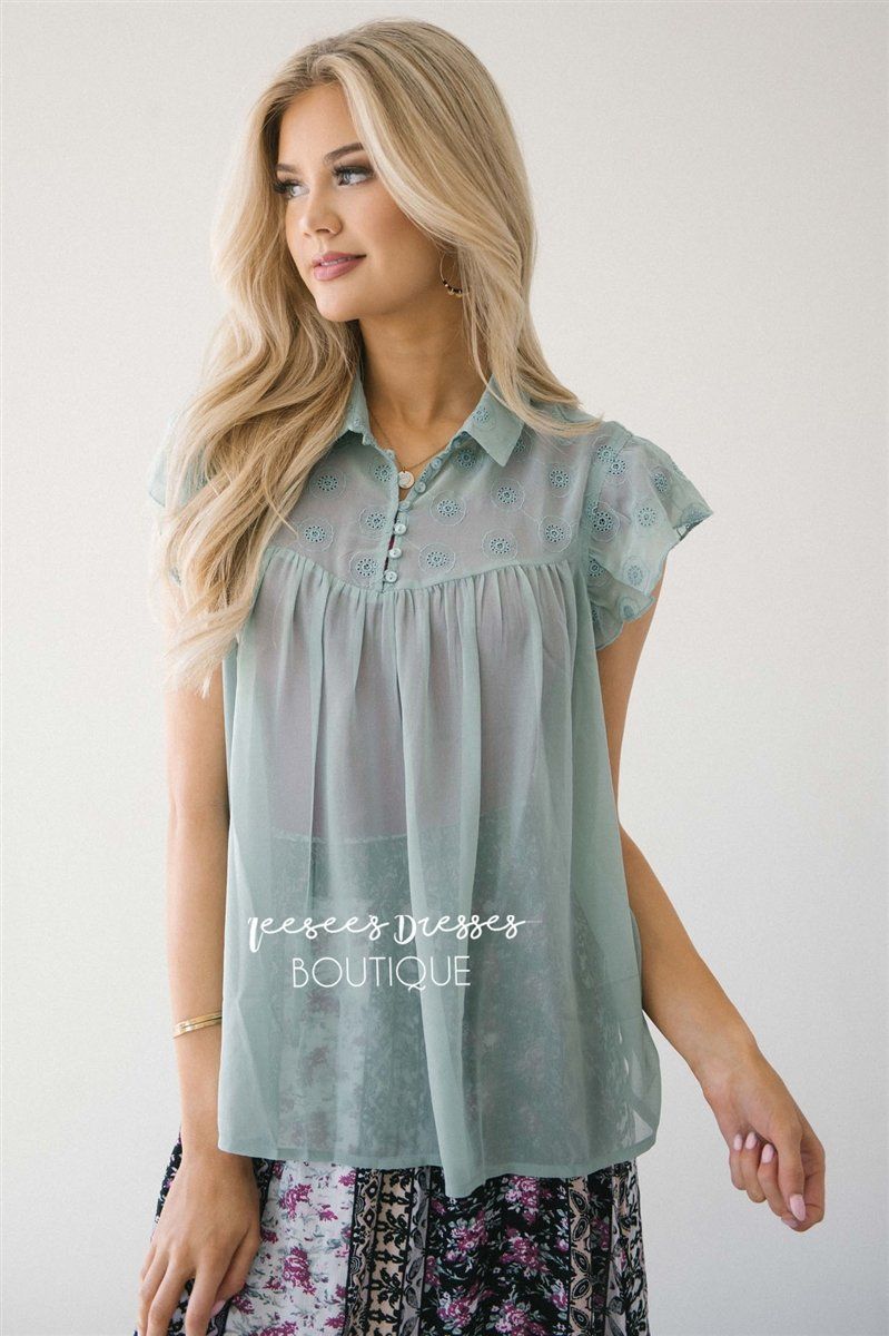 Embroidered Button Front Placket Top Tops vendor-unknown XS Faded Sage 