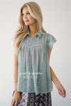 Embroidered Button Front Placket Top Tops vendor-unknown XS Faded Sage