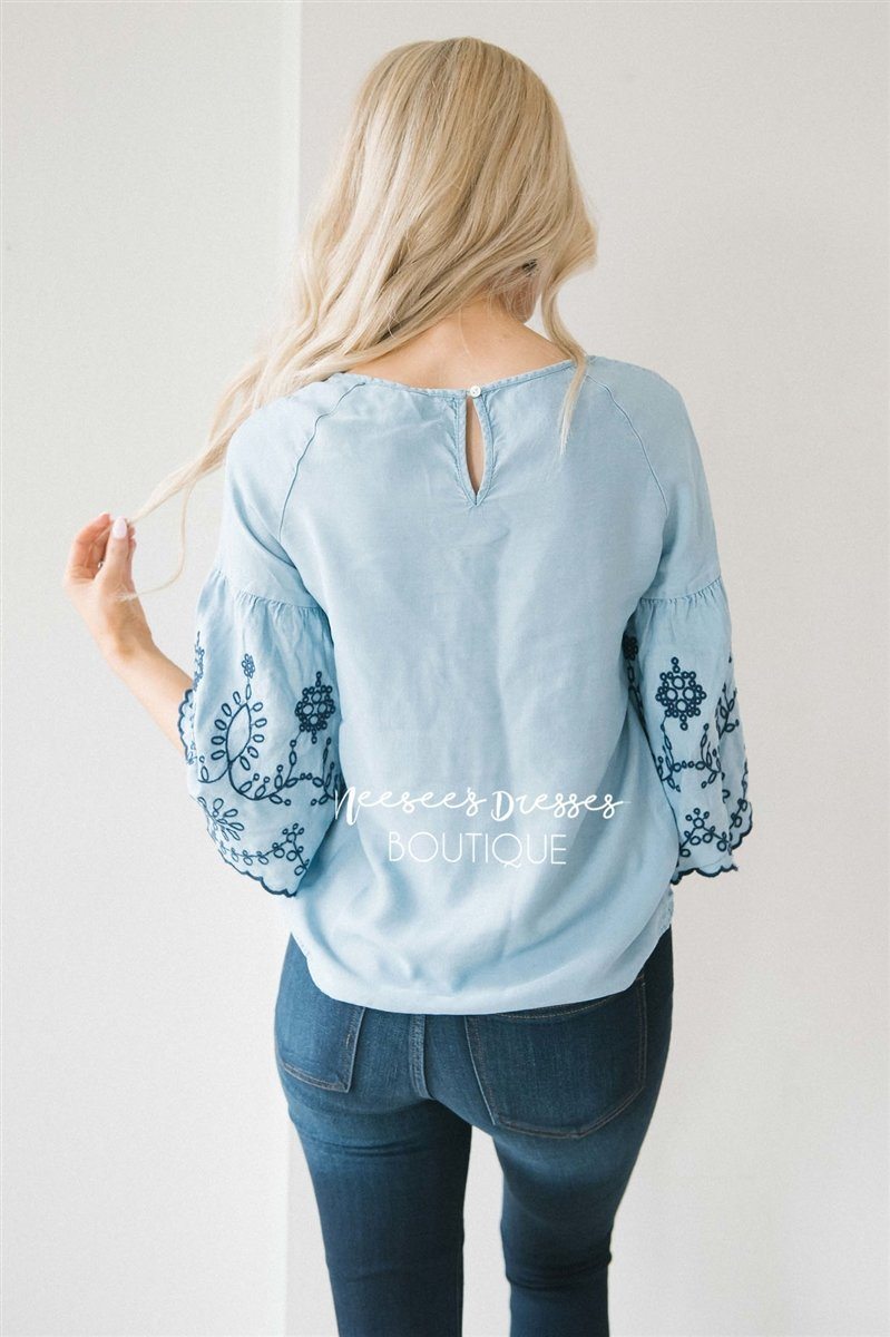 Embroidered Chambray Bell Sleeve Top Tops vendor-unknown 