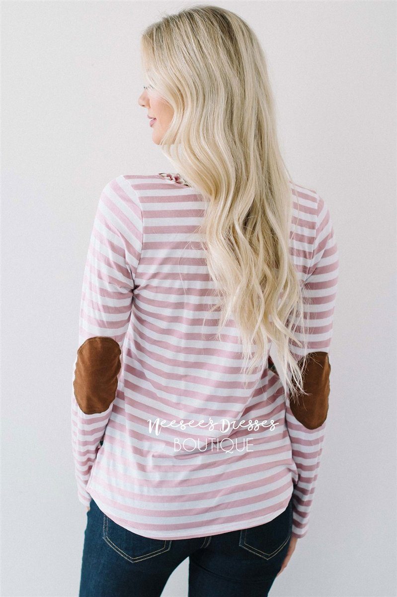 Pink Stripes & Floral Elbow Patch Top Tops vendor-unknown 