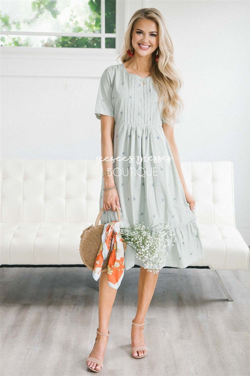 The Oaklynn Modest Dresses vendor-unknown Pastel Sage With Mini Dandelion Print S 