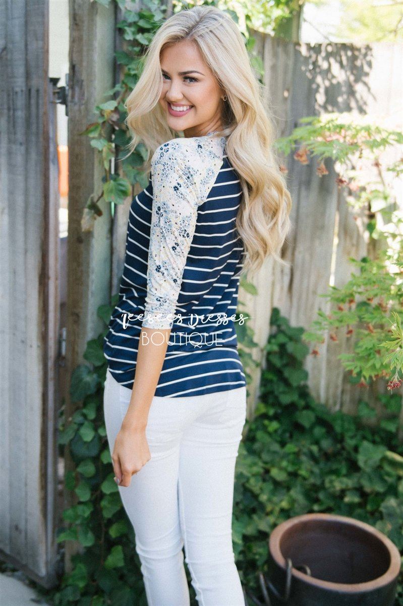 Navy Striped Floral Baseball Sleeve Tee Tops vendor-unknown 