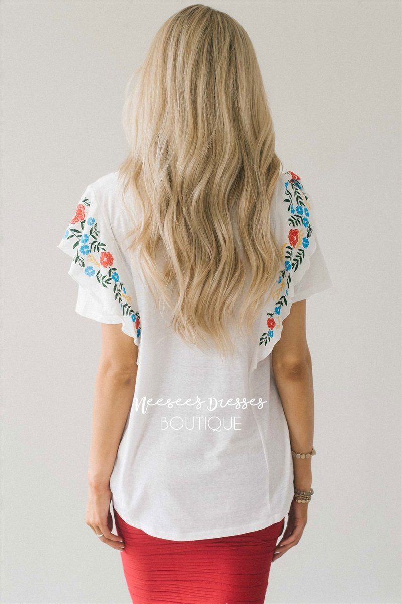 Cute Embroidered Ruffle Sleeve Top Tops vendor-unknown 
