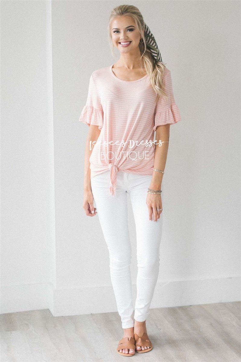 Striped Ruffle Sleeve & Tie Front Top Tops vendor-unknown S Light Coral Stripes 