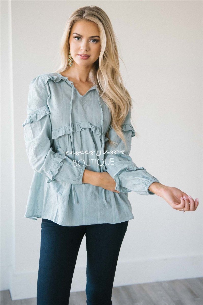 Ruffle Trim Neck Tie Blouse Tops vendor-unknown Dusty Sage S 