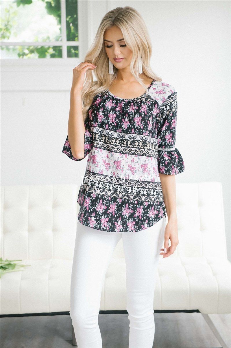 Lace Trim Bell Sleeve Chiffon Top Tops vendor-unknown XS Black & Magenta Floral Stripes 