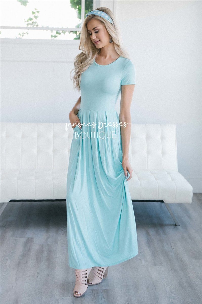 Short Sleeve Pleated Maxi Dress Modest Dresses vendor-unknown S Mint 