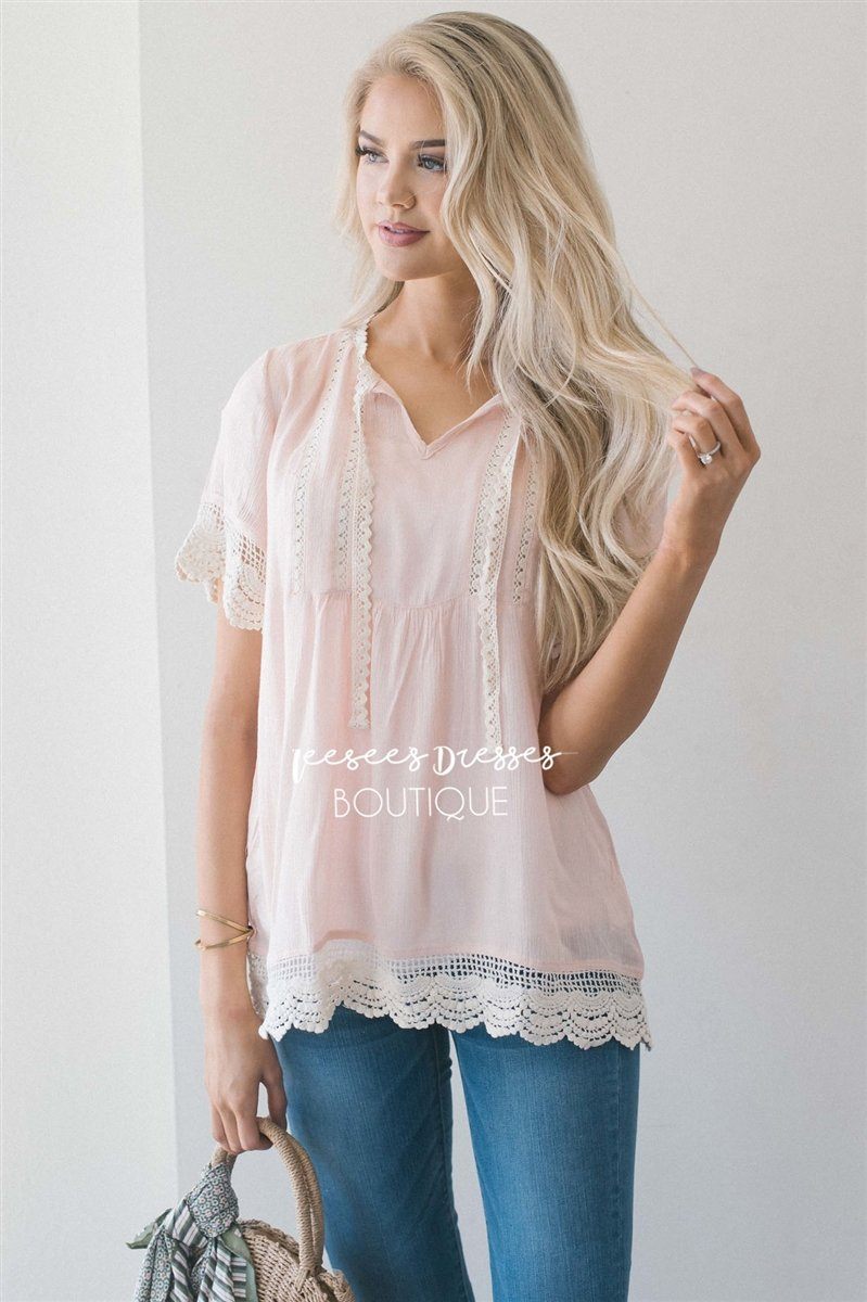 Baby Doll Lace Scallop Hem Blouse Tops vendor-unknown S Light Pink 