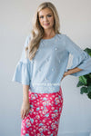 Pearl Front Bell Sleeve Blouse Tops vendor-unknown S Dusty Blue