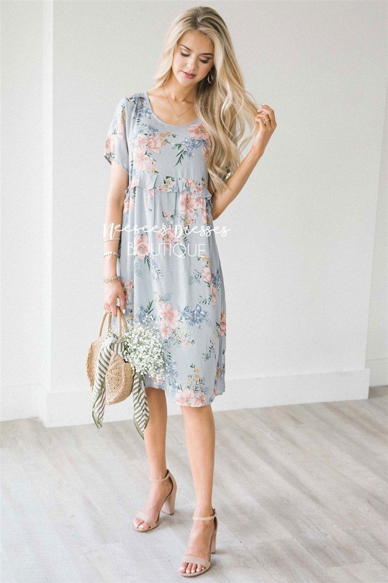 The Nettie Modest Dresses vendor-unknown S Dusty Blue Gray Floral 