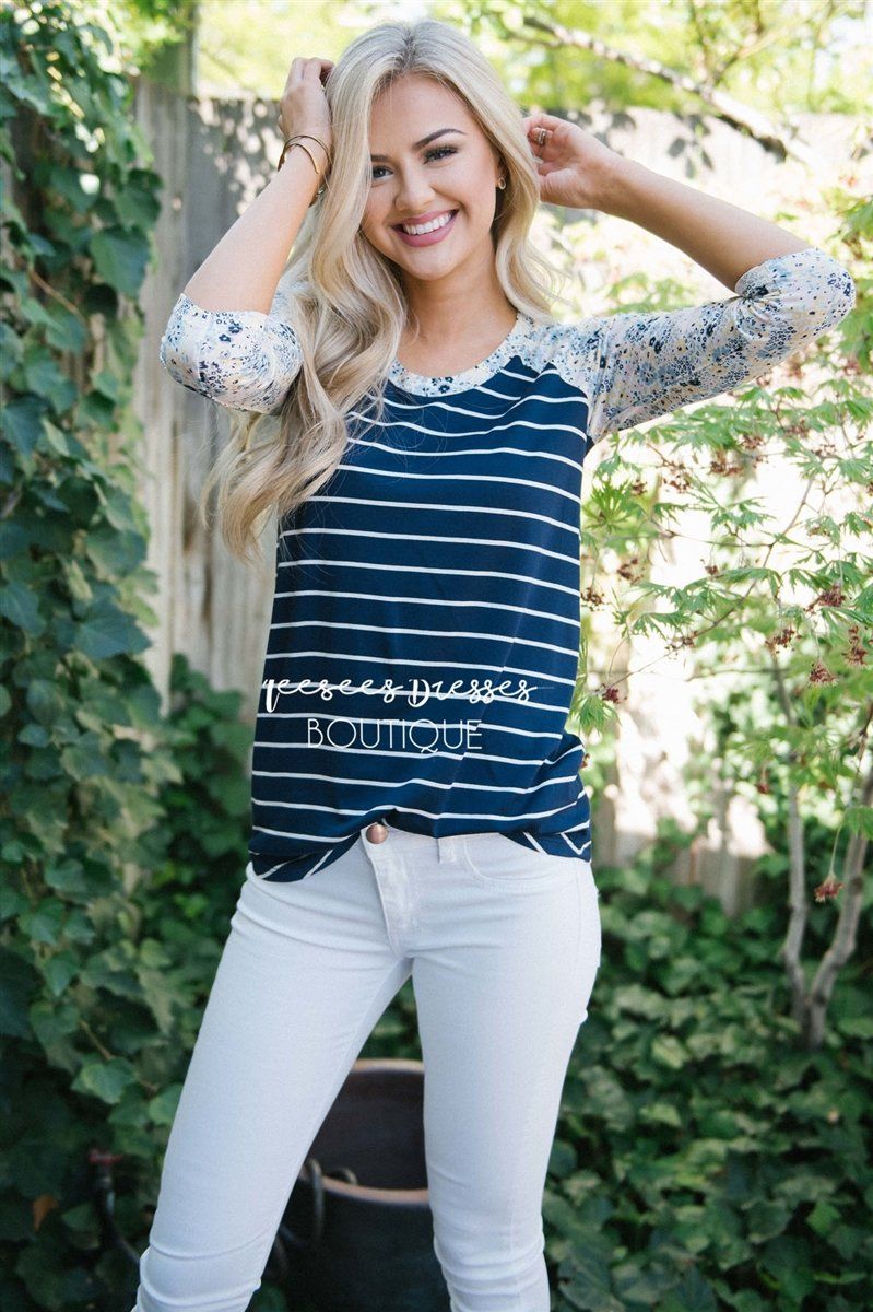 Navy Striped Floral Baseball Sleeve Tee Tops vendor-unknown Navy Stripes XS 