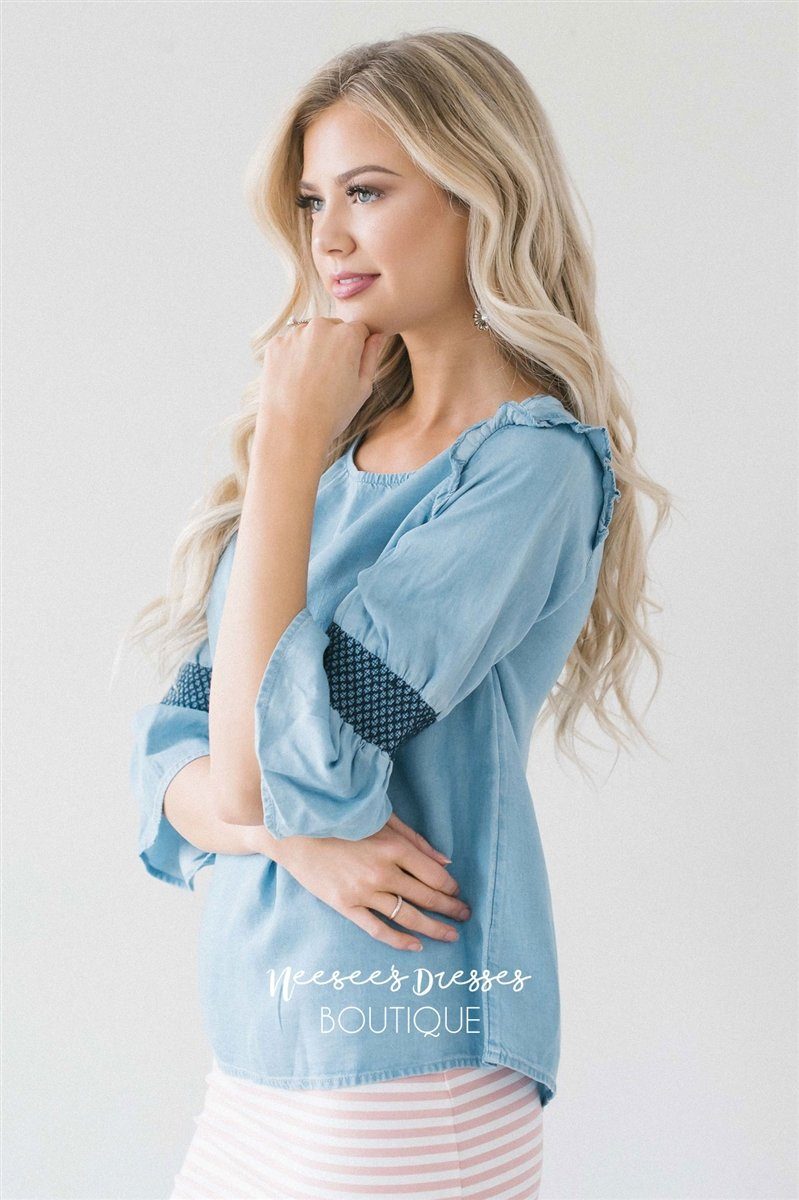Light Blue Chambray Bell Sleeve Top Tops vendor-unknown 