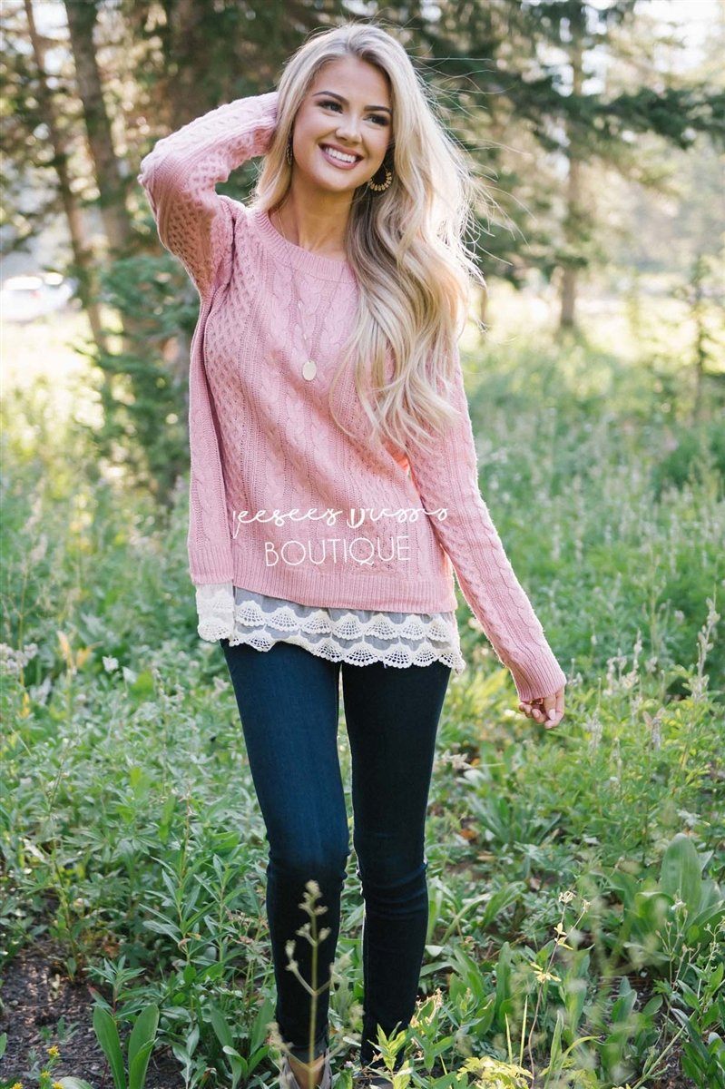 Scallop Lace Hem Cable Knit Sweater Tops vendor-unknown 