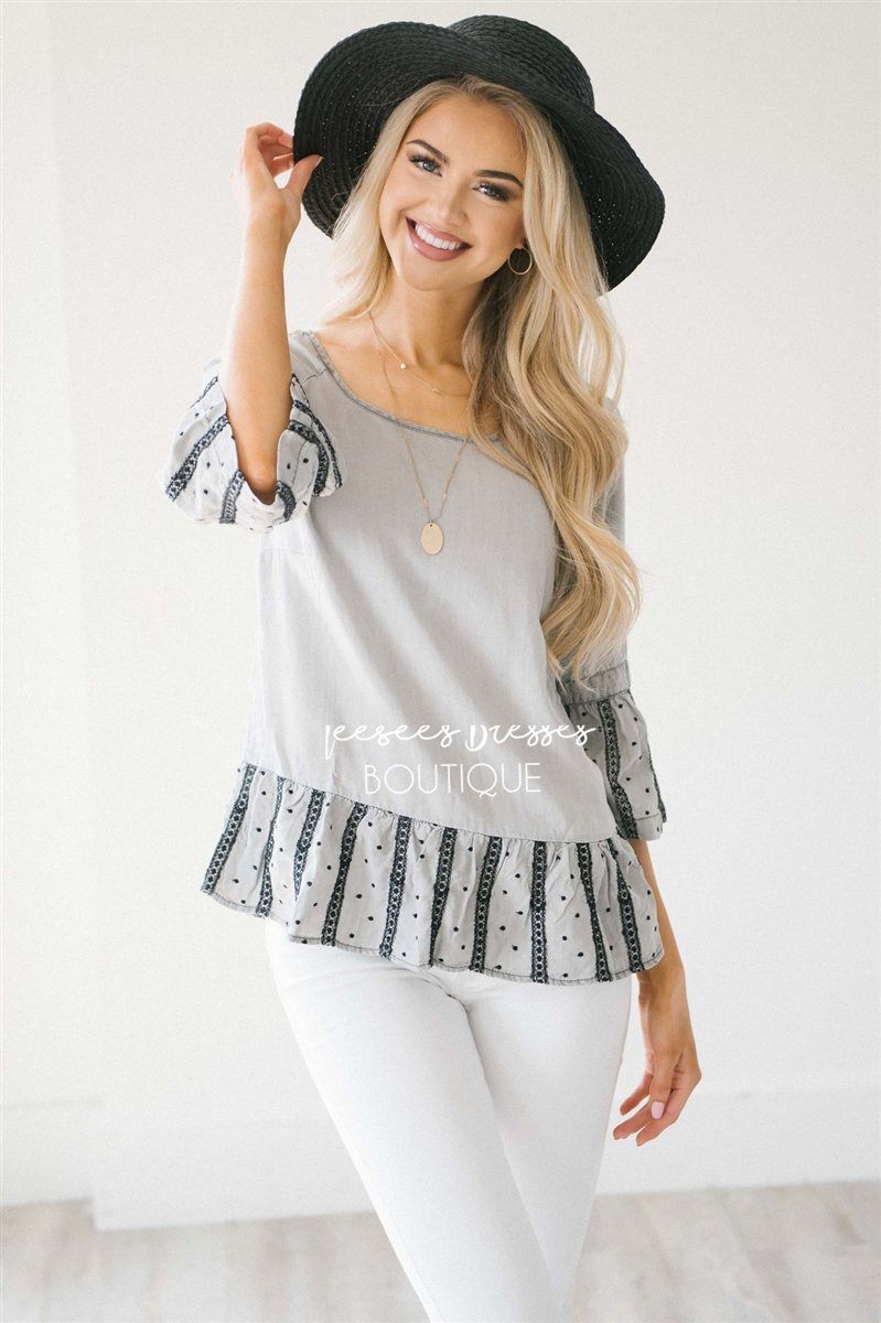 Chambray Embroidered Bell Sleeve Peplum Top Tops vendor-unknown Faded Gray Chambray XS 