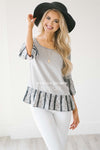 Chambray Embroidered Bell Sleeve Peplum Top Tops vendor-unknown Faded Gray Chambray XS