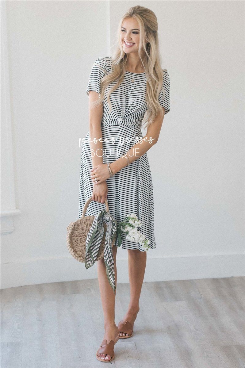The Tonya Twist Front Dress Modest Dresses vendor-unknown White & Black Stripes S 
