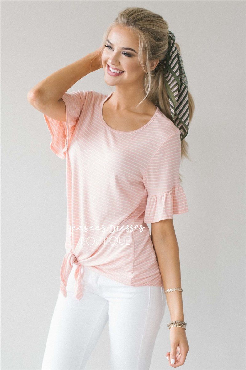 Striped Ruffle Sleeve & Tie Front Top Tops vendor-unknown 