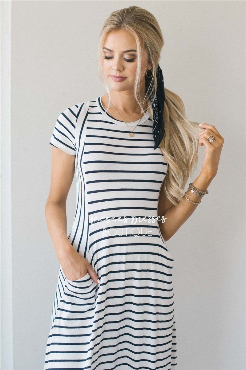 The Renee Modest Dresses vendor-unknown White & Navy Stripes S 
