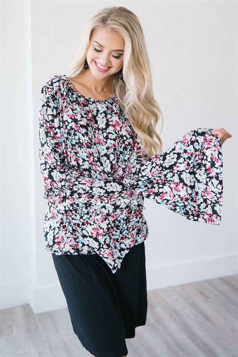Long Bell Sleeve Ruffle Trim Top Tops vendor-unknown 